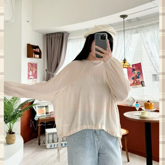 【Want-Meow】100公斤可穿/簡約感棉麻涼爽長袖棉麻寬鬆上衣(大碼/大尺碼/加大碼/長袖上衣)