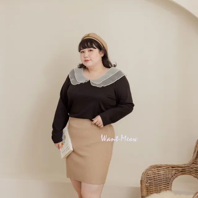 【Want-Meow】90公斤可穿/韓系精緻拼接網紗長袖上衣(大碼/大尺碼/加大碼/長袖上衣)