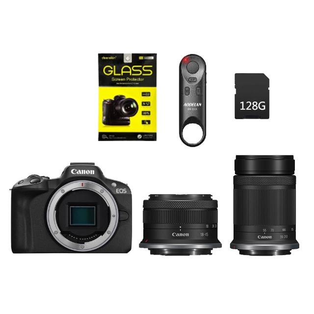 【Canon】EOS R50+RF-S 18-45mm+RF-S 55-210mm 雙鏡組+128G記憶卡+DK鋼化貼+AODELAN藍牙遙控器(公司貨)