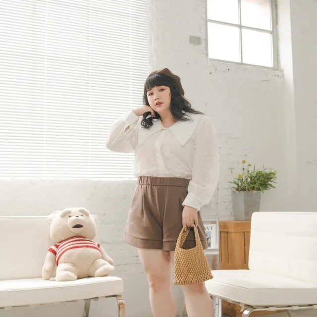 【Want-Meow】80公斤可穿/精緻長袖蕾絲鏤空寶寶領襯衫上衣(大碼/大尺碼/加大碼/長袖襯衫上衣)
