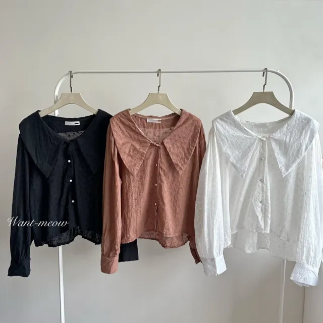 【Want-Meow】80公斤可穿/精緻長袖蕾絲鏤空寶寶領襯衫上衣(大碼/大尺碼/加大碼/長袖襯衫上衣)