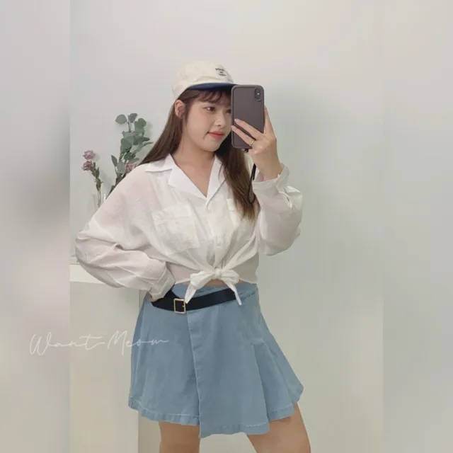 【Want-Meow】80公斤可穿/短版多種穿法下綁帶襯衫(大碼/大尺碼/加大碼/長袖襯衫上衣)