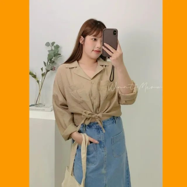 【Want-Meow】80公斤可穿/短版多種穿法下綁帶襯衫(大碼/大尺碼/加大碼/長袖襯衫上衣)