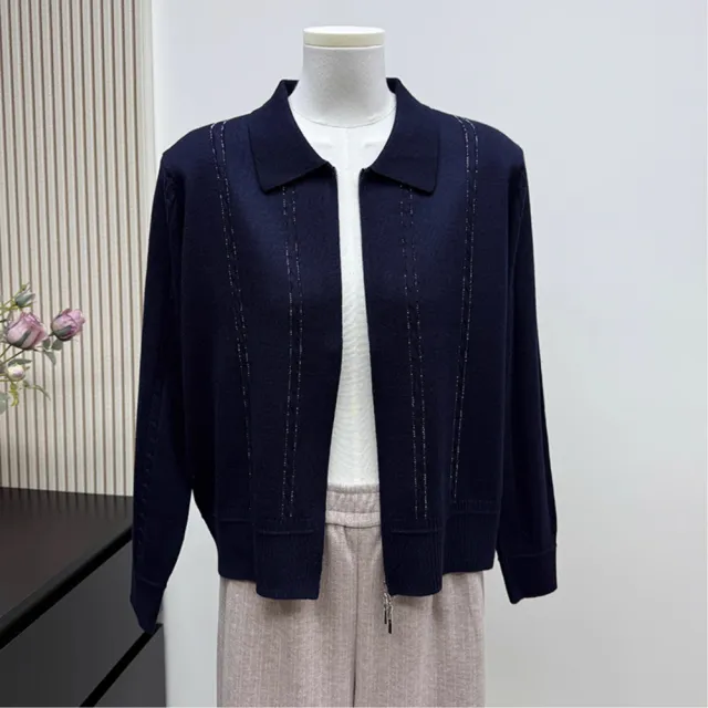 【VERTEX】時尚線條燙鑽翻領雙拉鍊針織上衣-B