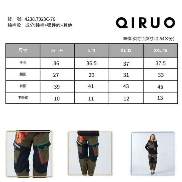 【Qiruo 奇若名品】厚精梳棉 雙布料拼接車縫黑綠色休閒長褲 7023C 