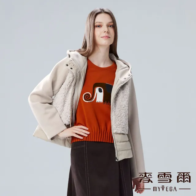 【MYVEGA 麥雪爾】連帽異材質拼接毛毛鋪棉外套-卡其