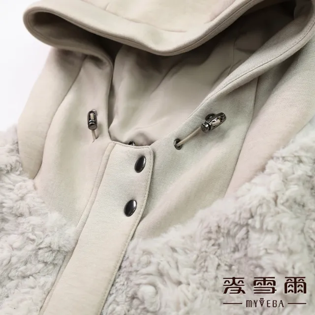 【MYVEGA 麥雪爾】連帽異材質拼接毛毛鋪棉外套-卡其