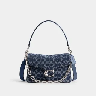 【COACH】蔻馳官方直營 CHAIN TABBY 經典 Logo丹寧布鏈條單肩手袋 單肩包 肩背包-LH/深藍色 混合色(CAN15)