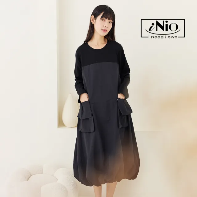 【iNio 衣著美學】娃娃風寬鬆修身長袖連身裙 立體口袋拼接 微縮裙擺長袖洋裝(CEW3801)