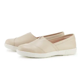 【MAGY】簡約V剪線牛皮平底休閒鞋(杏色)