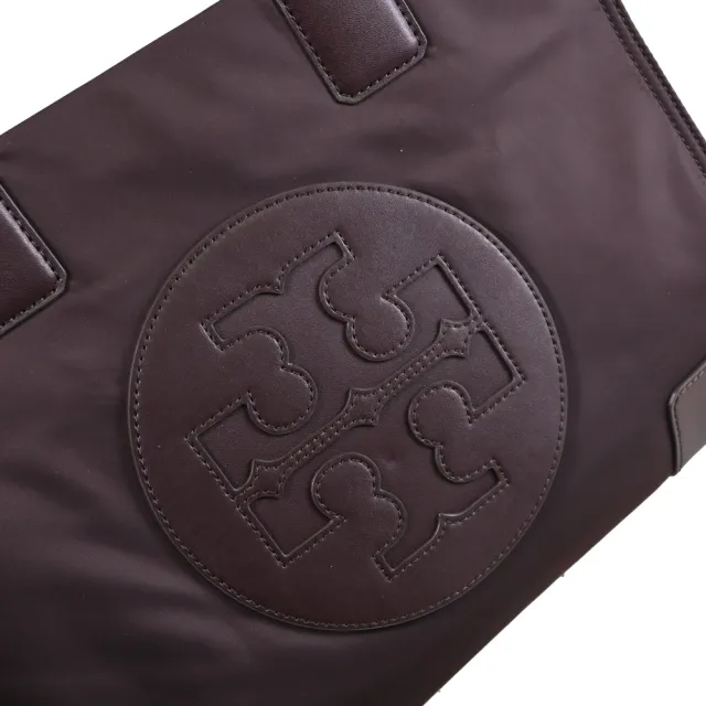 【TORY BURCH】圓標雙T LOGO素面尼龍皮邊飾購物包托特包(深咖)