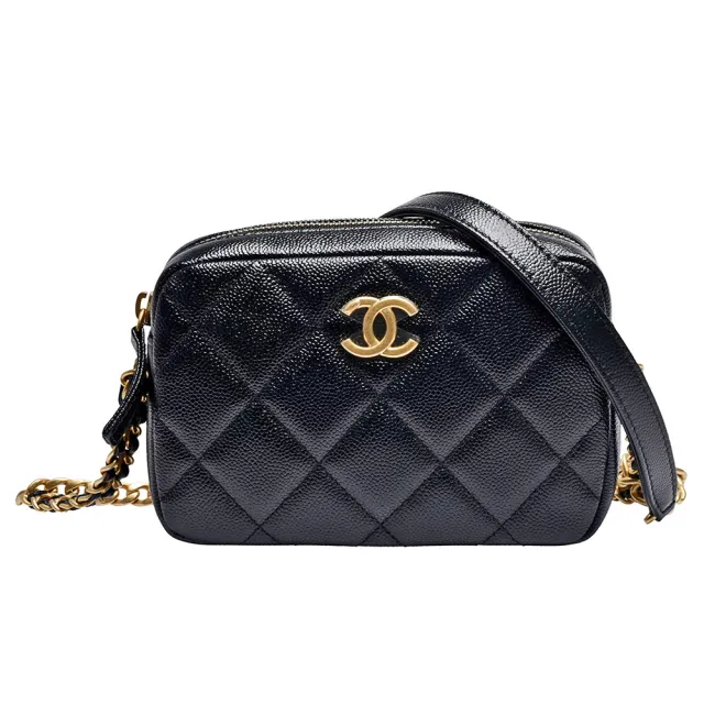 【CHANEL 香奈兒】經典仿舊雙C LOGO菱格粒紋牛皮金屬粗鍊帶斜背相機包(黑色AS3104C-BLK-GPN)