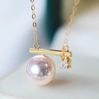 【La Corser】7-7.5mm 日本 Akoya 天然海水珍珠 項鍊 平衡木吊墜 鑲嵌鑽石 18K金 正圓珍珠