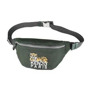 【KENZO】KENZO Happy Tiger刺繡白字LOGO帆布拉鍊腰包/胸掛包(男款/深卡其綠)