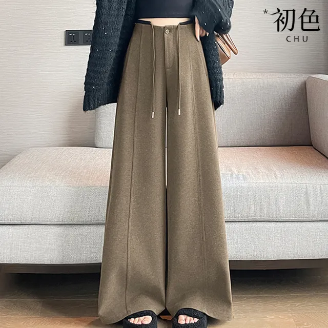 【初色】休閒簡約寬鬆毛呢保暖加絨高腰垂感抽繩綁帶闊腿寬褲長褲-共3色-16559(M-2XL可選)
