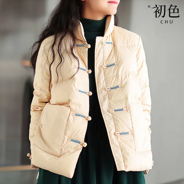 【初色】民族風短款寬鬆撞色單排盤扣立領長袖羽絨外套女外套-共4色-16556(M-2XL可選)(其他規格)