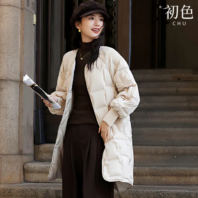 【初色】通勤風中長款厚款寬鬆保暖純色單排釦圓領長袖羽絨外套女外套-共3色-16551(S/M可選)