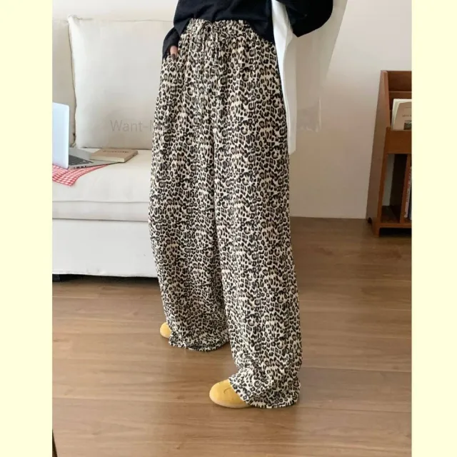 【Want-Meow】90公斤可穿/韓系不挑身形的高腰顯瘦豹紋寬褲(大碼/大尺碼/加大碼/鬆緊寬褲)