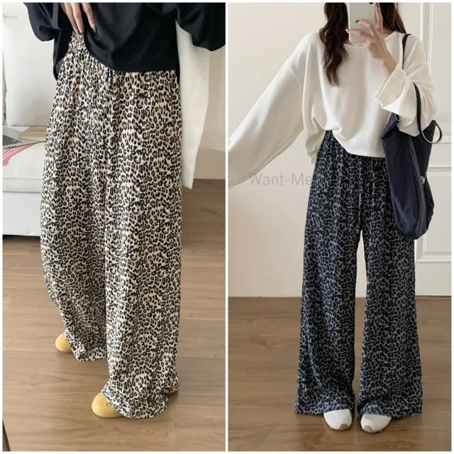 【Want-Meow】90公斤可穿/韓系不挑身形的高腰顯瘦豹紋寬褲(大碼/大尺碼/加大碼/鬆緊寬褲)