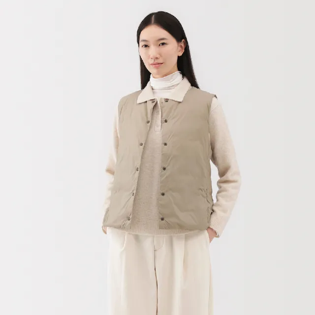 【MUJI 無印良品】女輕量羽絨可攜式無領背心(薰衣草紫/黑色/淺米/煙燻粉/深棕)