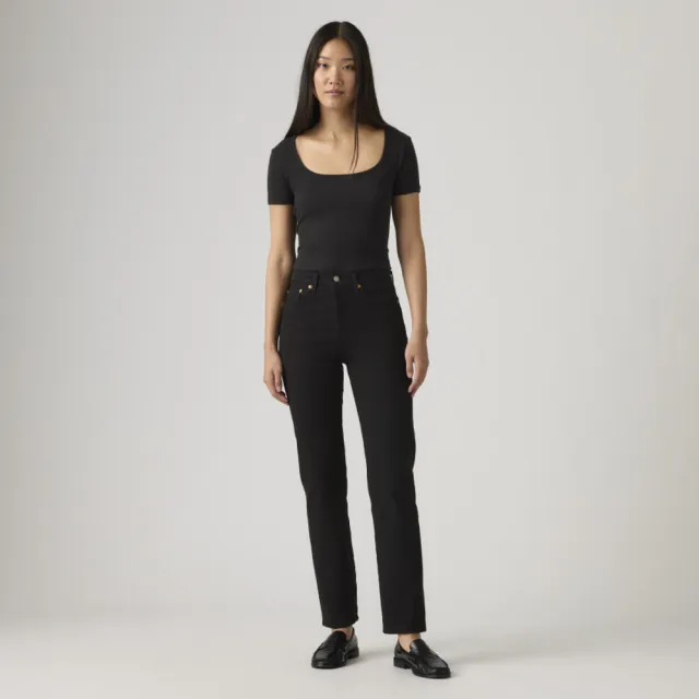 【LEVIS】女 Wedgie高腰修身直筒排釦牛仔長褲/黑色基本款/彈性布料 及踝款 熱賣單品 34964-0023