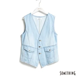 【SOMETHING】女裝 高腰剪裁牛仔背心(漂淺藍)