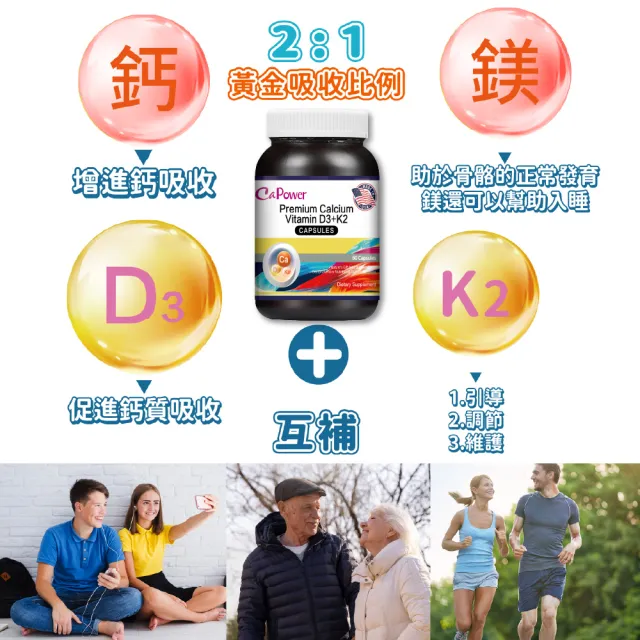 【CaPower 加柏爾】特級鈣維生素D3+K2膠囊(60粒/瓶)-含鈣.鎂.鋅.亞麻仁油.維生素E