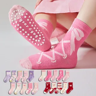 【橘魔法】（5雙一組）女孩花紋防滑點膠短襪(中筒襪 襪子 童襪 女童 兒童 止滑襪 童裝 大紅 過年)