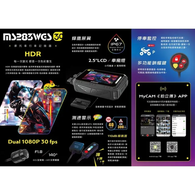 【Polaroid 寶麗萊】MS283WGS GPS測速版 最新小蜂鷹 附記憶卡(機車雙鏡頭行車紀錄器-新上市！小蜂鷹)