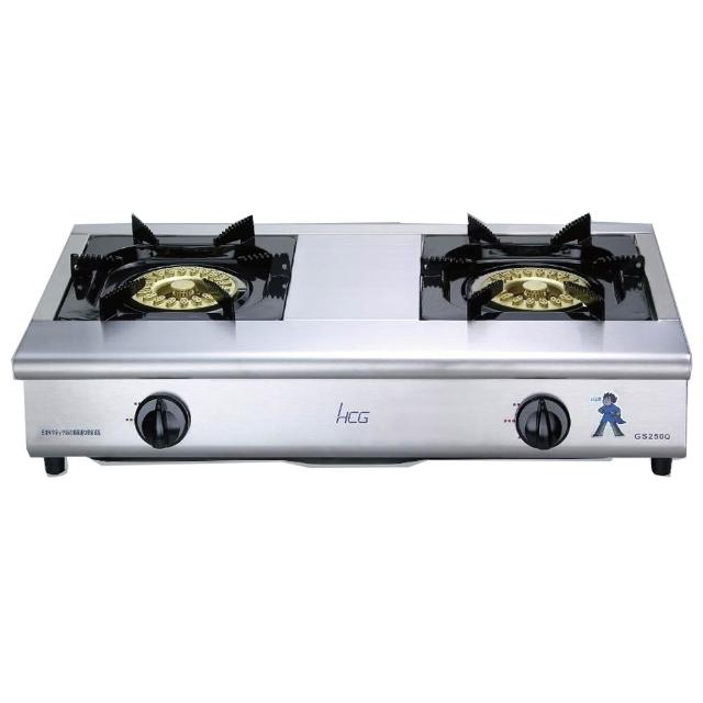 HCG和成 GS250Q 小金剛瓦斯爐是臺灣製造的高品質臺爐式瓦斯爐，採用不鏽鋼爐臺與純銅爐頭，具備雙口傳統外擴火焰設計，壓電式點火方便使用。支援LPG液化瓦斯，熱效率達49%，能源效率第二級，每小時瓦斯消耗量9Kw，尺寸700x400x180mm，標準安裝並提供1年保固，BSMI認證R51204。適閤家庭廚房，提升烹飪效率與安全性。
