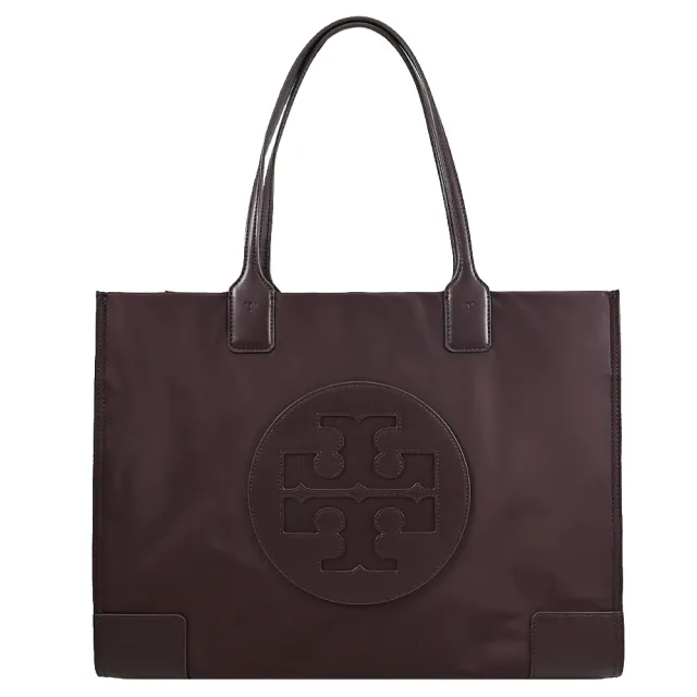 【TORY BURCH】圓標雙T LOGO素面尼龍皮邊飾大購物包托特包(深咖)