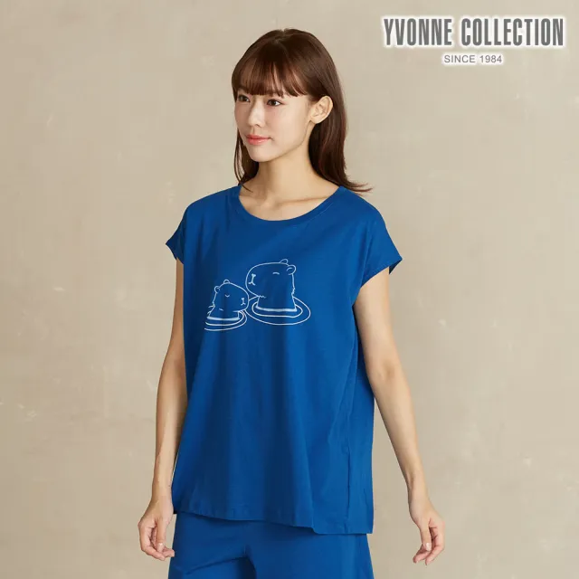 【YVONNE 以旺傢飾】薄荷紗 水豚網印連袖上衣-深藍