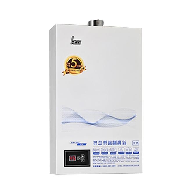 HCG和成 GH-1350 瓦斯熱水器，臺灣原廠製造，採用FE強制排氣式設計，確保安全排氣。具備數位恆溫功能，提供穩定13L熱水輸出，熱效率高達83%，達到第二級能源效率標準。電子式自動點火，適用天然氣及桶裝瓦斯，冷熱水管口徑1/2，尺寸590×350×165mm，重量依原廠，保固1年，電壓110V，BSMI許可字號R4AA16。適閤家庭使用，安全可靠，節能環保。