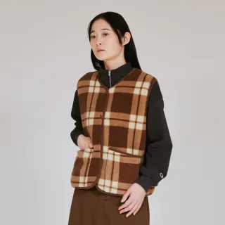 【Champion】官方直營 女款-CASUAL 格紋抓毛絨口袋背心-褐/米色格紋(CW-C602-860 日規)