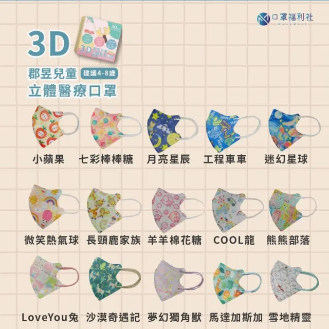 【JUN 郡昱】成人 兒童 小童3D立體醫療口罩一盒/30入(適合1-8歲-兒童口罩、成人口罩 立體口罩)
