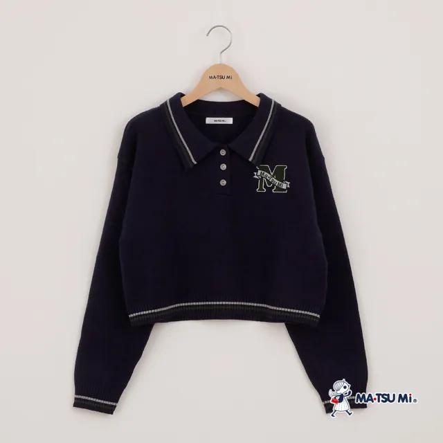 【MATSUMi】翻領POLO衫開襟字母刺繡短版針織上衣