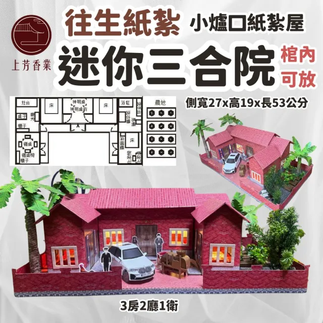 【上芳香業】3房 紙紮三合院+紙紮銀行 靈厝 提款機 補摺(地契 滿七 百日 對年 往生用品 庫錢 功德)