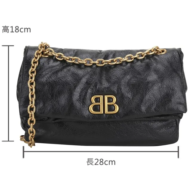 【Balenciaga 巴黎世家】Monaco 小款 揉製小牛皮折疊鍊帶肩背包-黑色(肩背包 鍊帶包 翻蓋包)