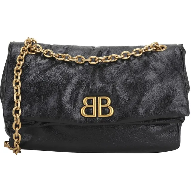 【Balenciaga 巴黎世家】Monaco 小款 揉製小牛皮折疊鍊帶肩背包-黑色(肩背包 鍊帶包 翻蓋包)
