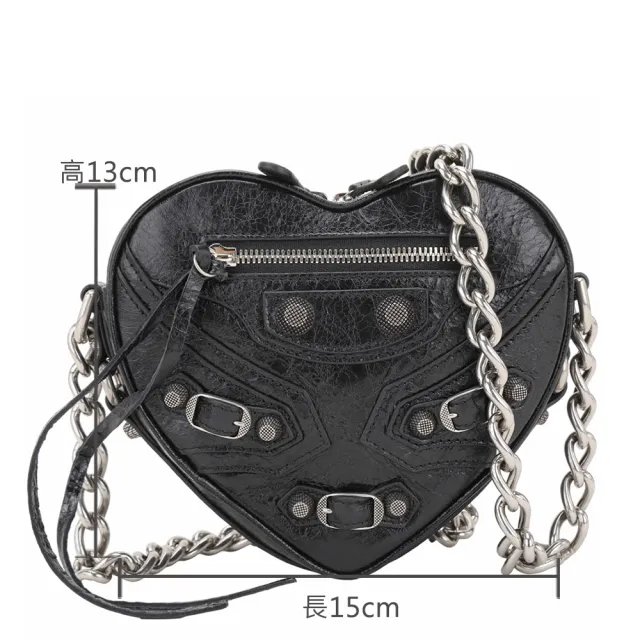 【Balenciaga 巴黎世家】Le Cagole 揉製小羊皮銀鍊斜背愛心包-黑色(愛心包 鍊帶包 斜背包)