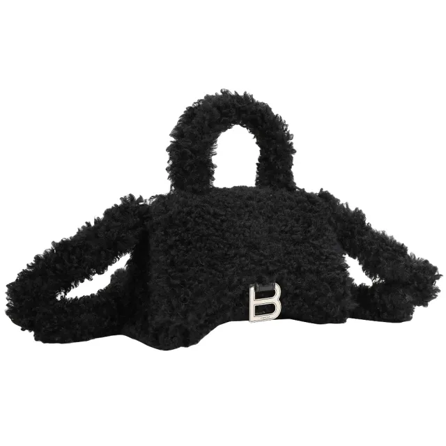 【Balenciaga 巴黎世家】Fluffy Hourglass XS 毛茸手提/斜背沙漏包-黑色(絨毛包 手提包 斜背包)