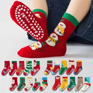 【橘魔法】（5雙一組）聖誕造型防滑點膠中筒襪(兒童 女童 男童 短襪 襪子 童襪 止滑襪 聖誕節 交換禮物)