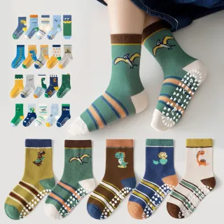 【橘魔法】（5雙一組）男童恐龍大集合防滑點膠膠短襪(兒童 女童 男童 中筒襪 襪子 童襪 止滑襪 童裝)