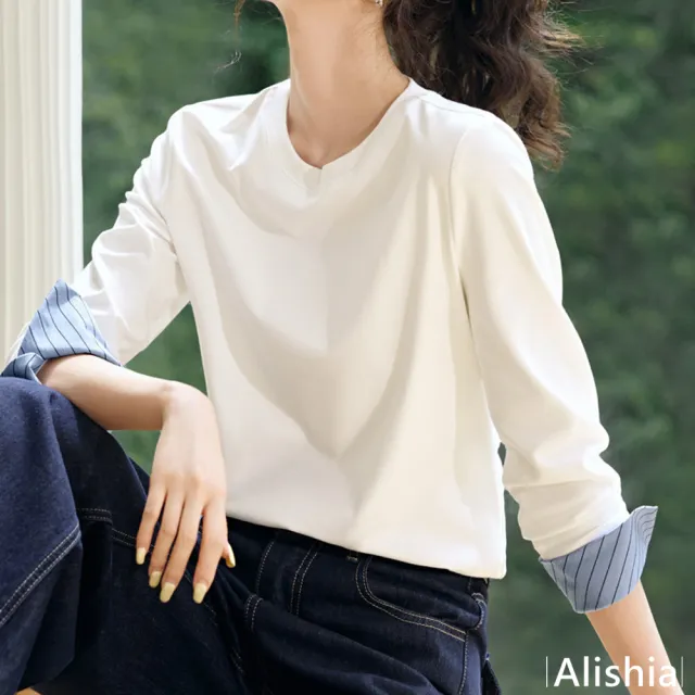 【Alishia】撞色拼接條紋圓領上衣 T恤(白色 / 灰色)