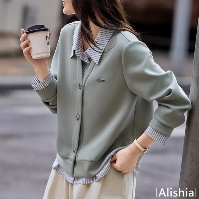 【Alishia】文藝風假兩件拼接條紋長袖上衣(綠色)