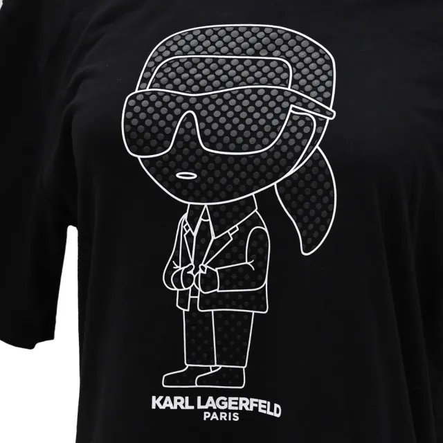 【KARL LAGERFELD 卡爾】老佛爺Q版大網點線條個性棉質短T恤(黑)