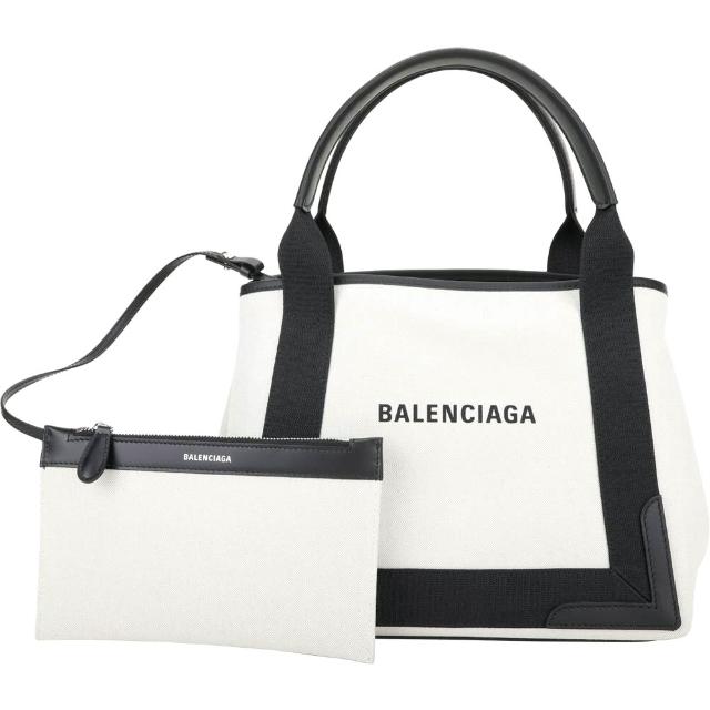 【Balenciaga 巴黎世家】Navy Cabas S 品牌字母帆布手提肩背包-附萬用包 白色(托特包 手提包 兩用包)