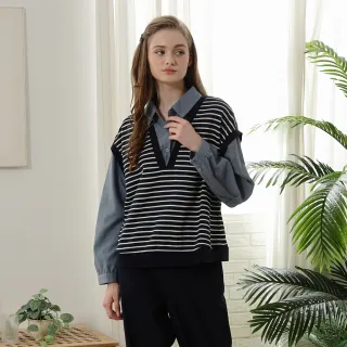 【CUMAR】襯衫拼接條紋背心假兩件上衣-(藍 黑 米/魅力商品)