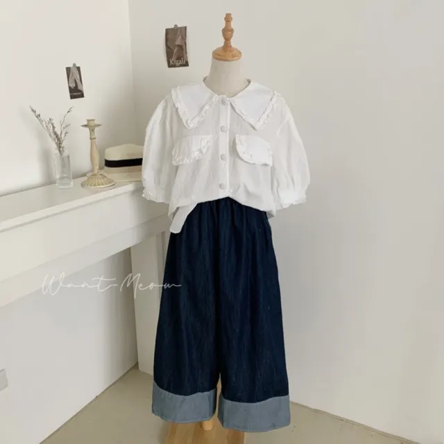 【Want-Meow】90公斤可穿/日系百搭文青下拼接直筒牛仔寬褲(大碼/大尺碼/加大碼/牛仔寬褲/下著)
