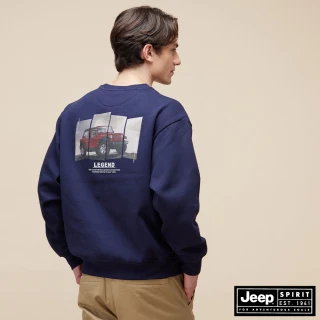 【JEEP】男裝 經典吉普車印花刷毛長袖T恤(藍色)